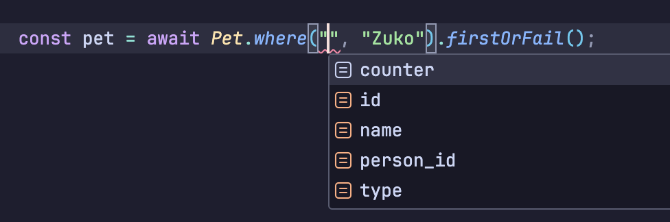 Example of autocomplete showing the valid column names